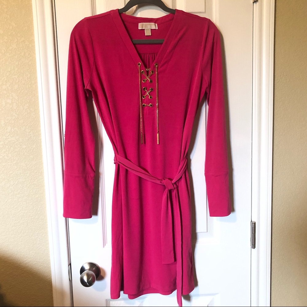 Michael Kors pink chain lace up dress, long sleeve